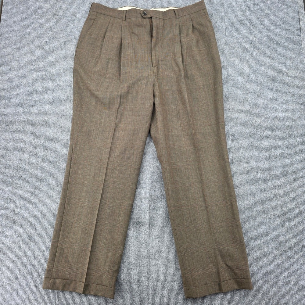 Haggar Mens 38x30 Brown Glen Plaid Worsted Wool Pleated Cuffed Dress Pants USA